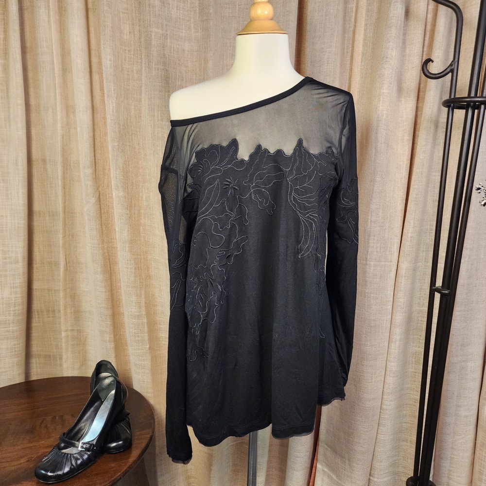 VOCAL Voice of California Black Sheer Mesh Floral Embroidered Top XL